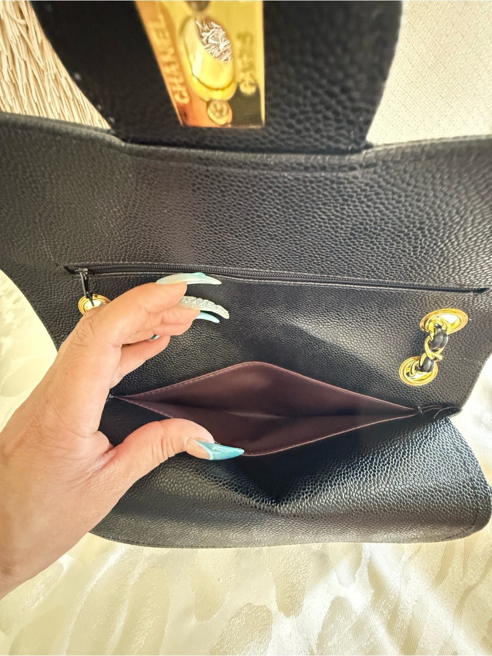 Black Quilted Caviar Leather Shoulder Bag with Shiny Gold Hardware - Picture 7 of 14
